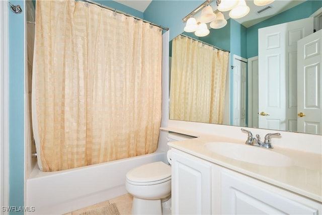 full bathroom featuring lofted ceiling, vanity, shower / tub combo, tile patterned flooring, and toilet