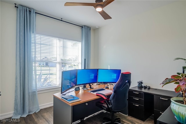 home office with a ceiling fan, dark wood finished floors, and baseboards