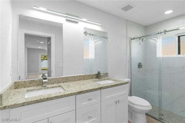 bathroom with toilet, vanity, and walk in shower