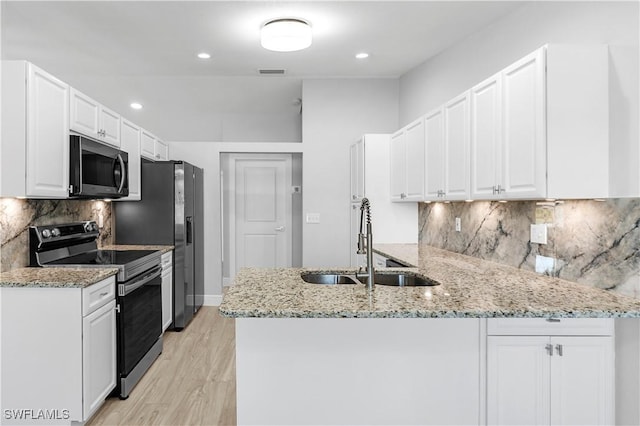 kitchen with white cabinets, stainless steel electric range, a sink, and light stone counters