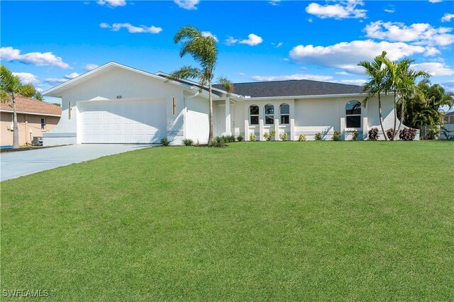 ranch-style home featuring stucco siding, an attached garage, a front lawn, and concrete driveway