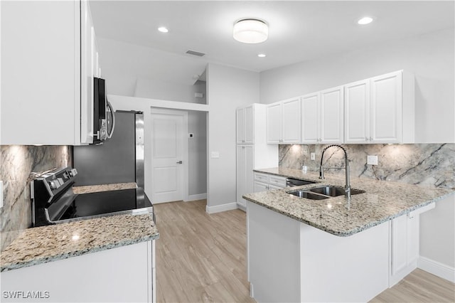 kitchen featuring sink, white cabinetry, stainless steel appliances, kitchen peninsula, and light stone countertops