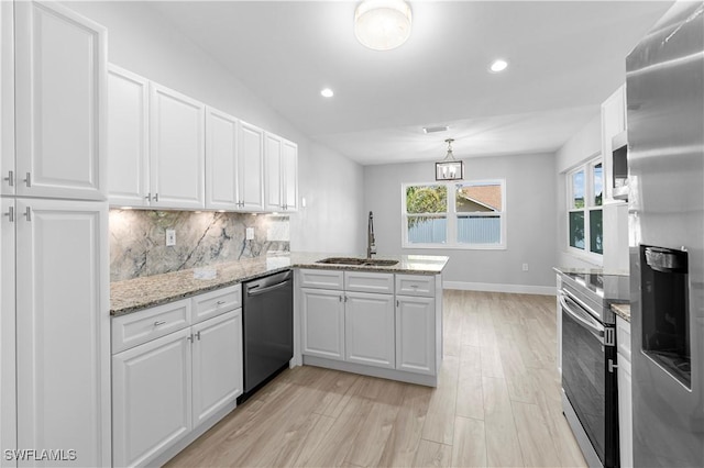 kitchen with appliances with stainless steel finishes, sink, backsplash, white cabinetry, and kitchen peninsula