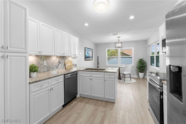 kitchen featuring white cabinetry, kitchen peninsula, sink, backsplash, and appliances with stainless steel finishes