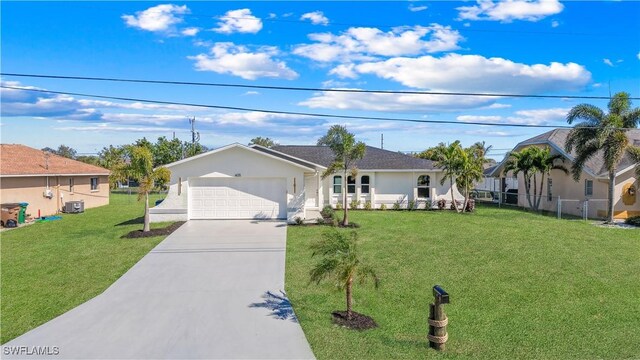 ranch-style house with a garage, driveway, fence, a front yard, and stucco siding