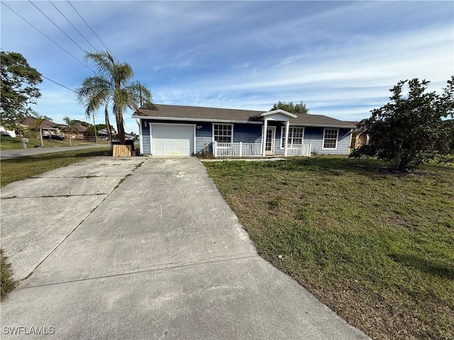 ranch-style home with a front lawn, fence, a porch, concrete driveway, and a garage