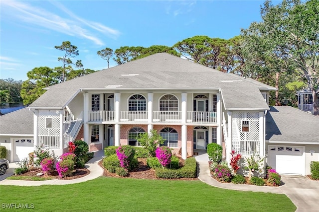 view of front of house with a porch, a balcony, and a front yard