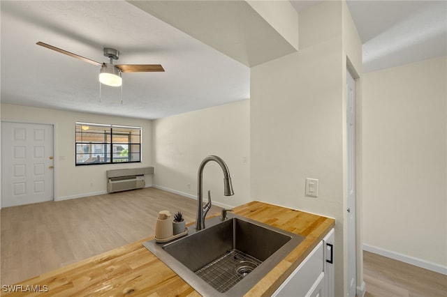 kitchen with ceiling fan, sink, and light wood-type flooring