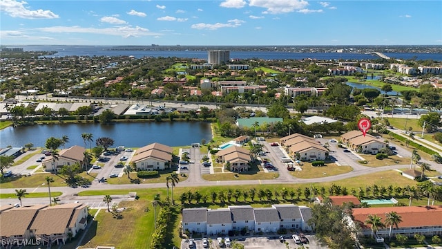 drone / aerial view with a water view