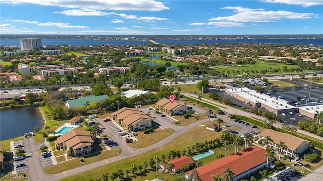 drone / aerial view with a water view