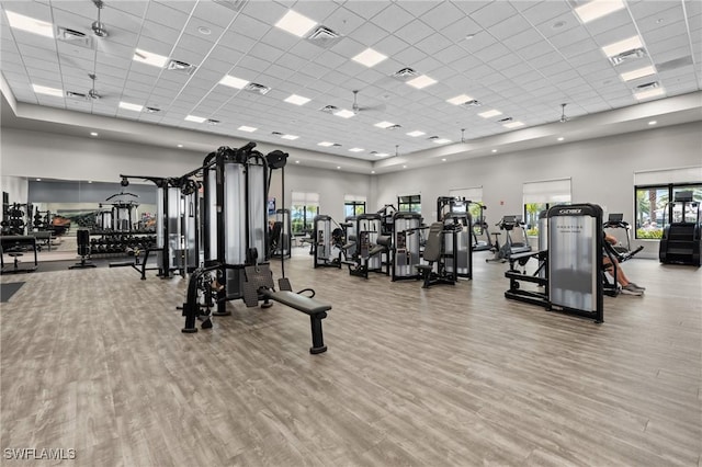 exercise room with a high ceiling, a paneled ceiling, wood finished floors, and visible vents