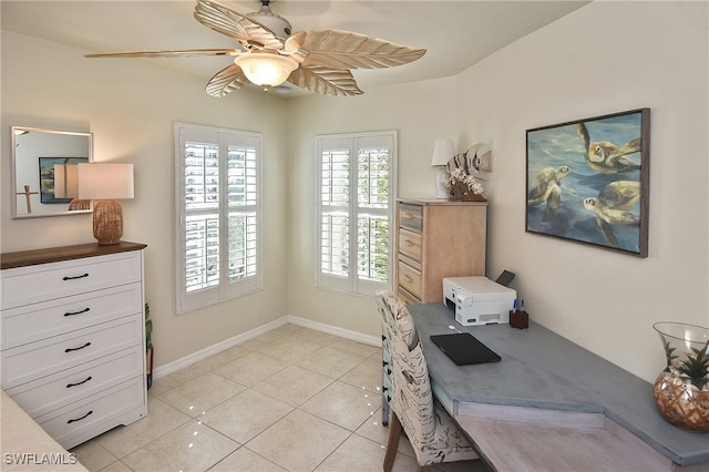 tiled home office with ceiling fan