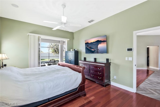 bedroom with ceiling fan, visible vents, baseboards, access to outside, and dark wood-style floors