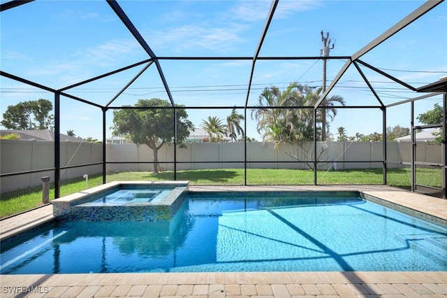 view of pool featuring a patio area, glass enclosure, a pool with connected hot tub, and a fenced backyard