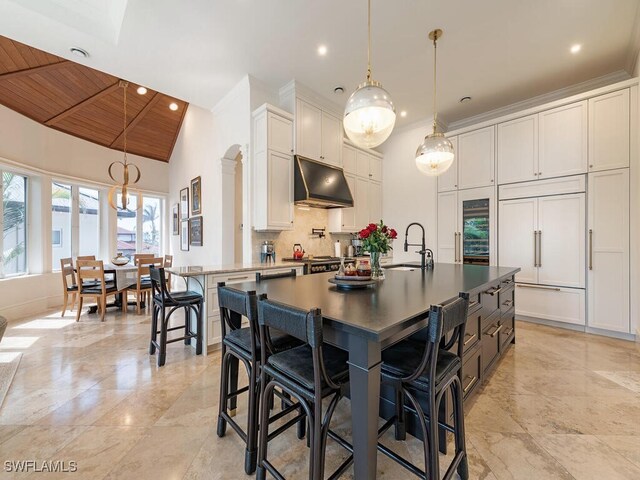 kitchen with wood ceiling, a sink, paneled refrigerator, under cabinet range hood, and backsplash