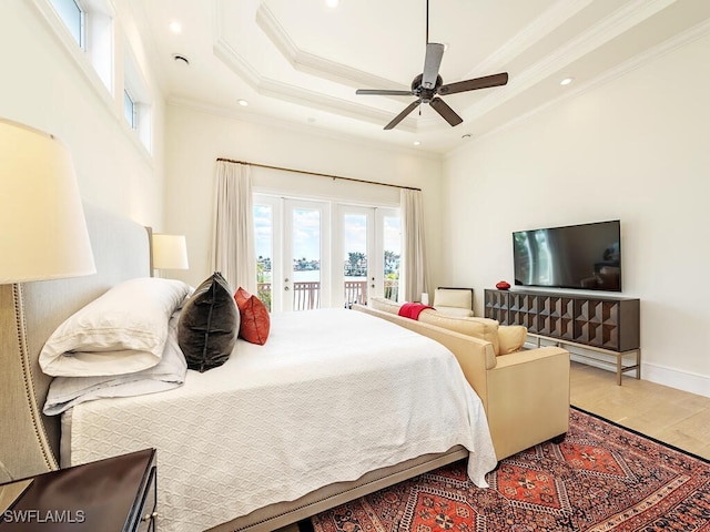 bedroom featuring a tray ceiling, crown molding, recessed lighting, wood finished floors, and access to outside