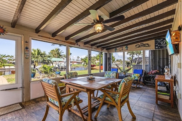 sunroom featuring lofted ceiling with beams, wooden ceiling, a wealth of natural light, and a ceiling fan