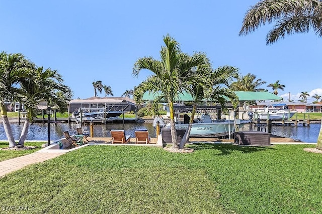 dock area with a yard, a water view, and boat lift