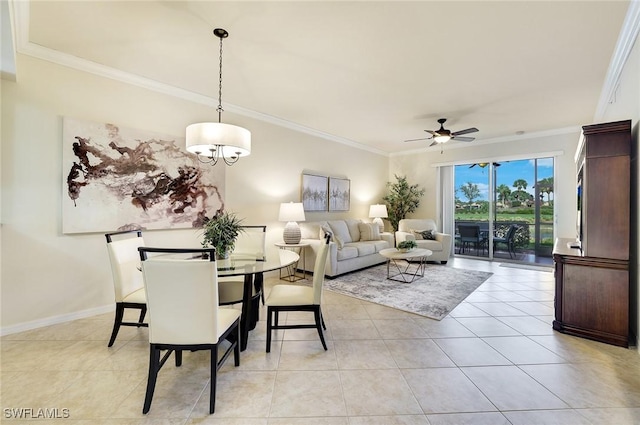 dining area featuring light tile patterned floors, ceiling fan, and crown molding