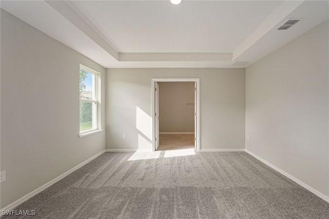 carpeted spare room featuring a tray ceiling