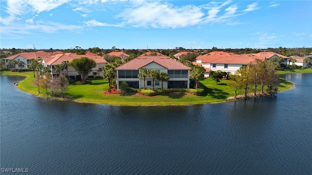 drone / aerial view featuring a water view