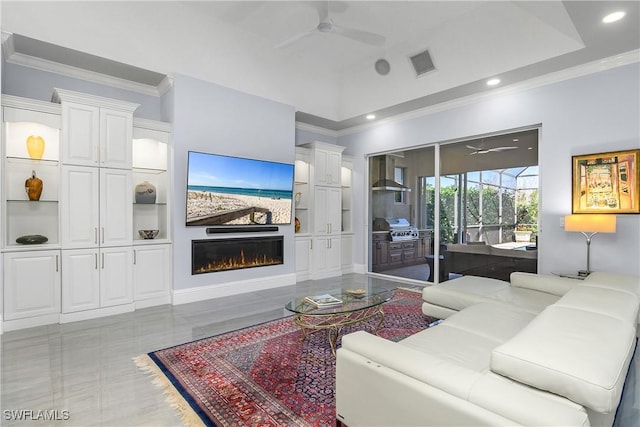 living area featuring visible vents, recessed lighting, a lit fireplace, crown molding, and ceiling fan