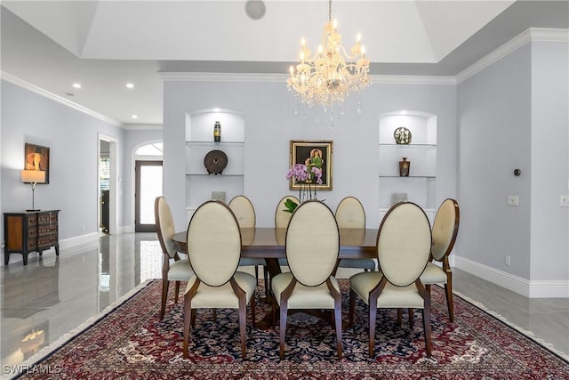 dining area featuring built in features, a notable chandelier, recessed lighting, ornamental molding, and baseboards