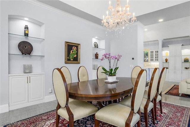 dining space with built in features, recessed lighting, crown molding, and an inviting chandelier