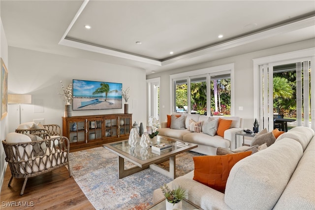 living area with a tray ceiling, recessed lighting, and wood finished floors