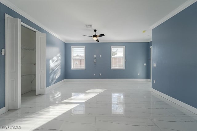 unfurnished room with crown molding and ceiling fan