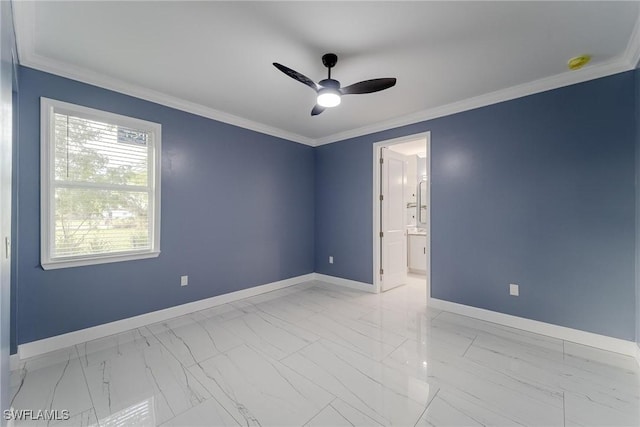 unfurnished room with ornamental molding and ceiling fan