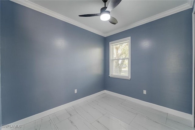 unfurnished room with ceiling fan and ornamental molding