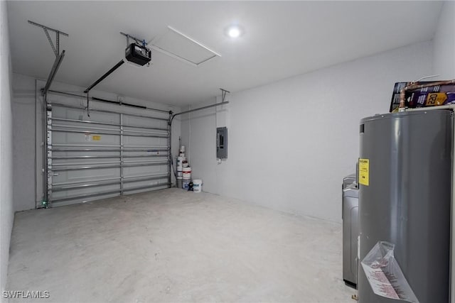 garage featuring a garage door opener, electric panel, and electric water heater