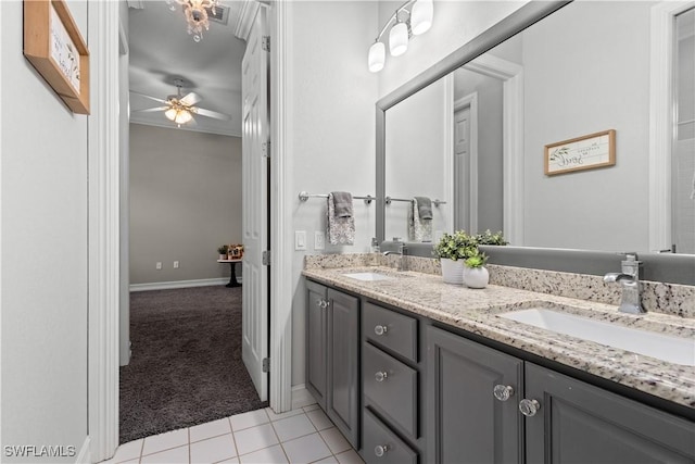 bathroom with ceiling fan, vanity, and tile patterned floors