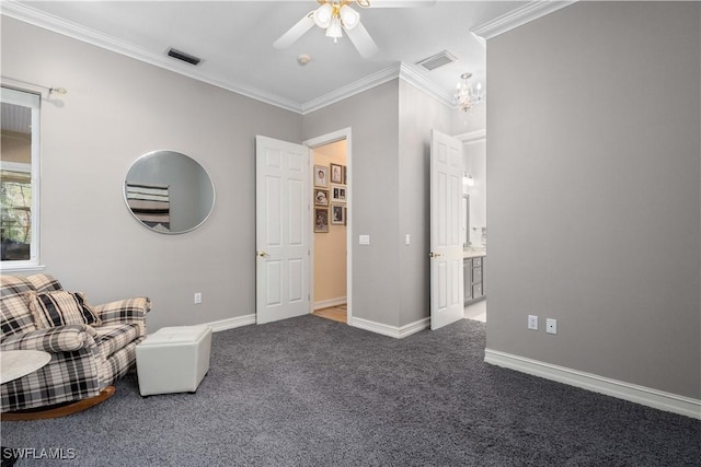 sitting room featuring ceiling fan, crown molding, and carpet flooring