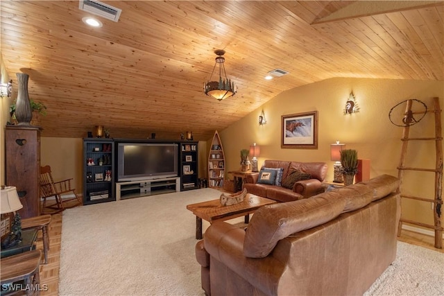 home theater featuring vaulted ceiling and wood ceiling