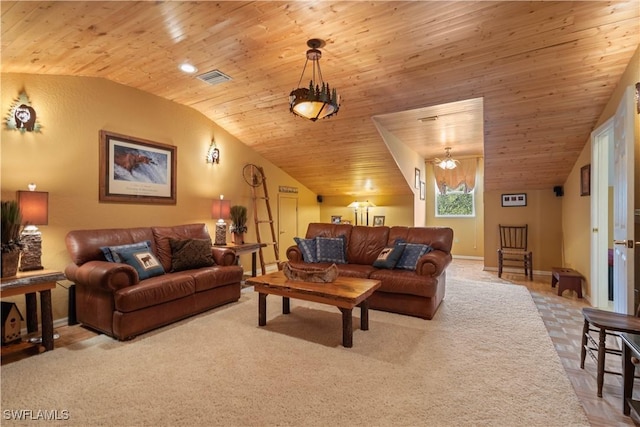 carpeted living room featuring vaulted ceiling and wooden ceiling