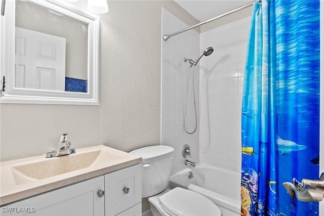 bathroom featuring toilet, a textured wall, vanity, and shower / bathtub combination with curtain