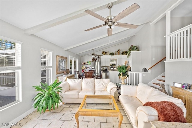 living room featuring light tile patterned floors, stairway, lofted ceiling with beams, a ceiling fan, and baseboards