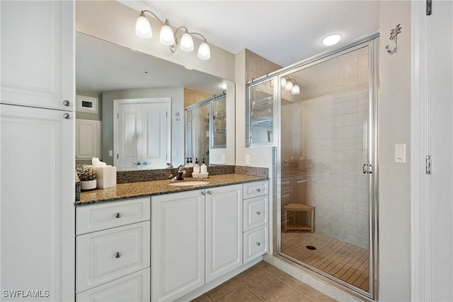 bathroom featuring a stall shower, vanity, and tile patterned floors