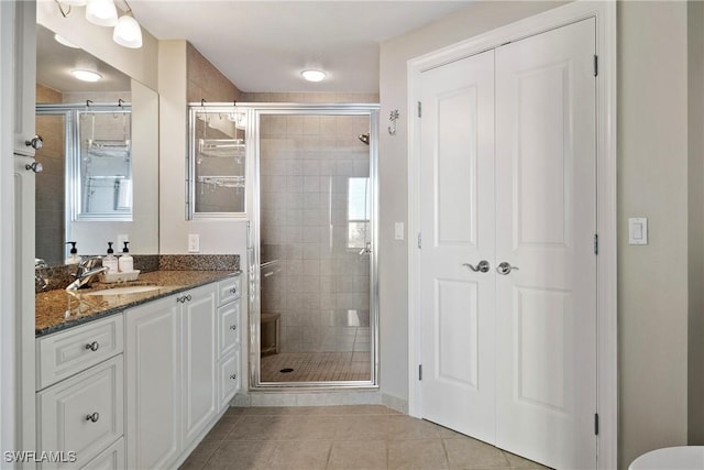 full bath featuring a stall shower, tile patterned flooring, a closet, and vanity