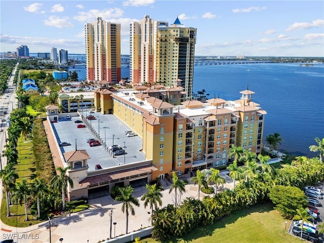 bird's eye view with a water view and a city view