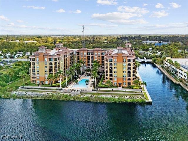 drone / aerial view featuring a water view