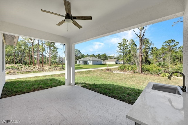 view of patio featuring a ceiling fan and a sink