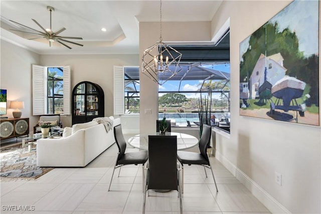 dining space with a sunroom, recessed lighting, baseboards, and ornamental molding