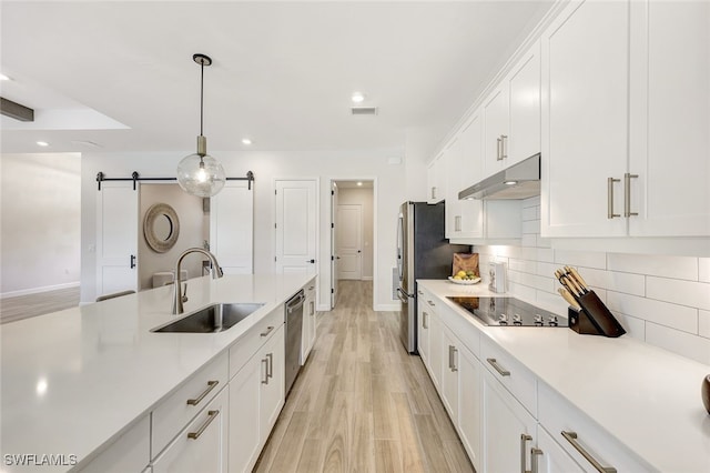 kitchen featuring pendant lighting, sink, stainless steel appliances, white cabinets, and a barn door