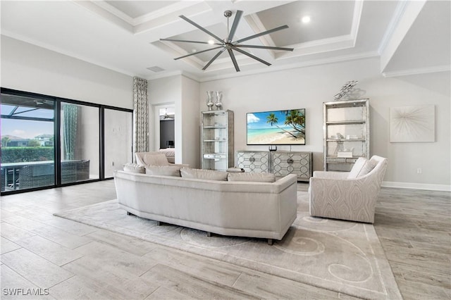 living room featuring light hardwood / wood-style flooring, crown molding, coffered ceiling, and an inviting chandelier