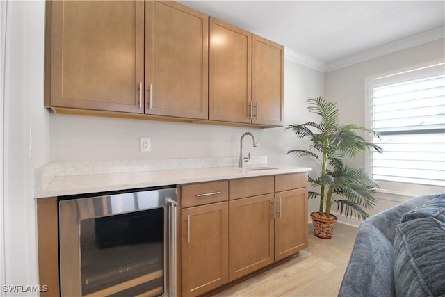 kitchen featuring light hardwood / wood-style floors, sink, and ornamental molding