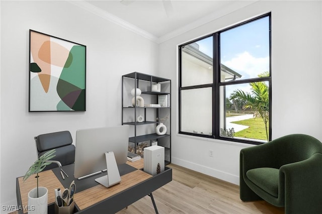 office area featuring light wood-type flooring, baseboards, and ornamental molding