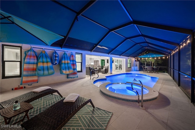 5548 Foxhunt Way, Naples, FL 34104 - view of pool with glass enclosure, a patio, outdoor dining space, and a pool with connected hot tub